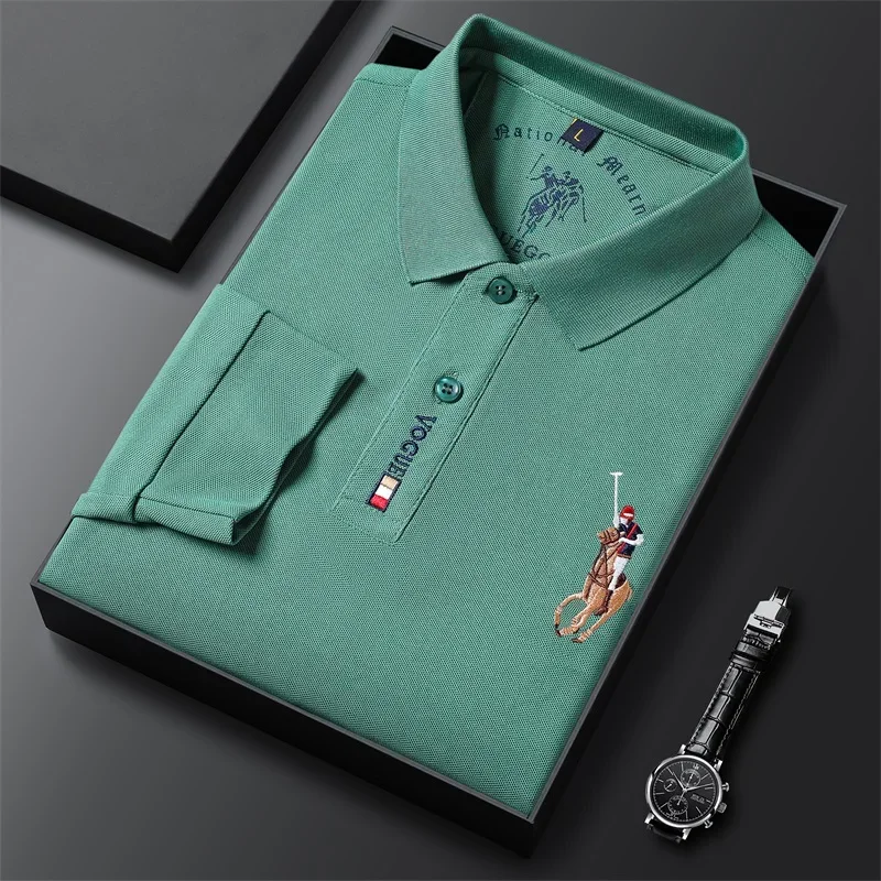 New Men\'s Casual Embroidery Long Sleeve Polo Shirt Fashion Solid Color Top