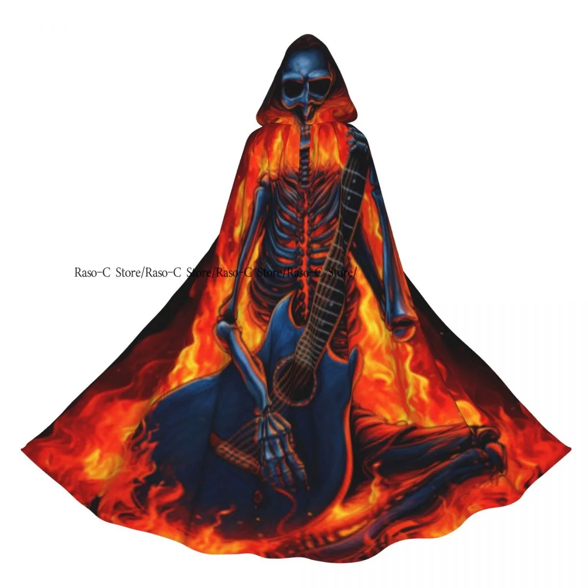 Hooded Cloak Unisex Cloak with Hood Skeleton Playing Electric Guitar In The Fire Cloak Vampire Witch Cape Cosplay Costume