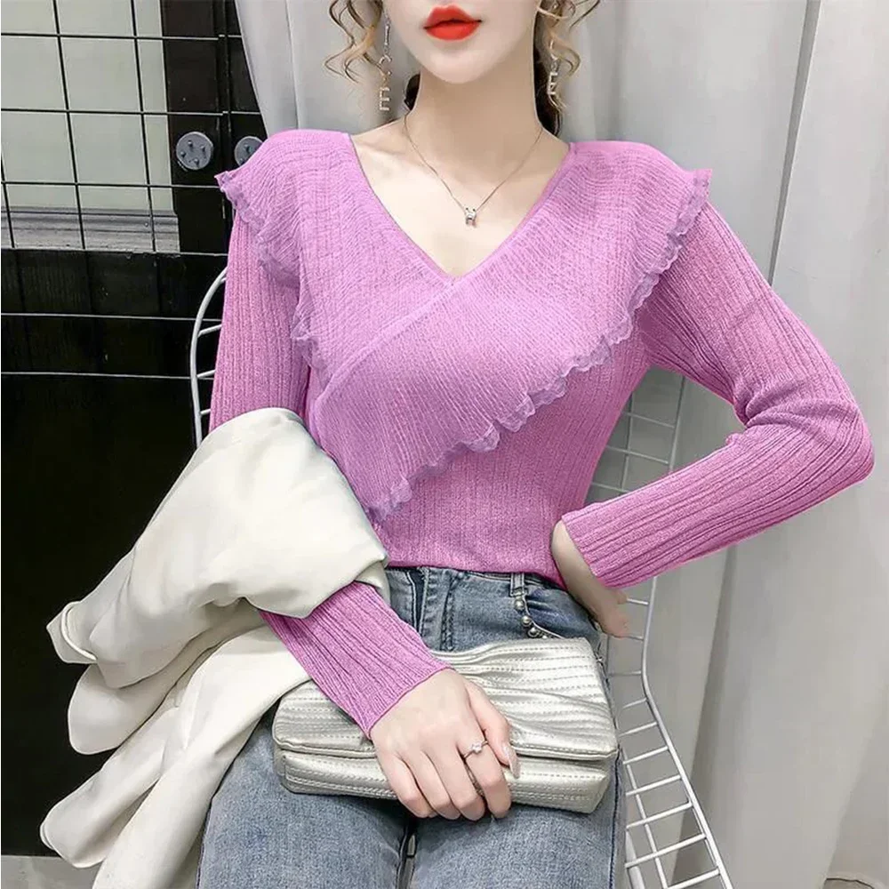 

Fashionable Spliced Slim Fit Sweater Top V-Neck Knitted T-Shirt Solid Long Sleeve Tee Product Ruffle Edge Shirt Tops A RAN A YUE