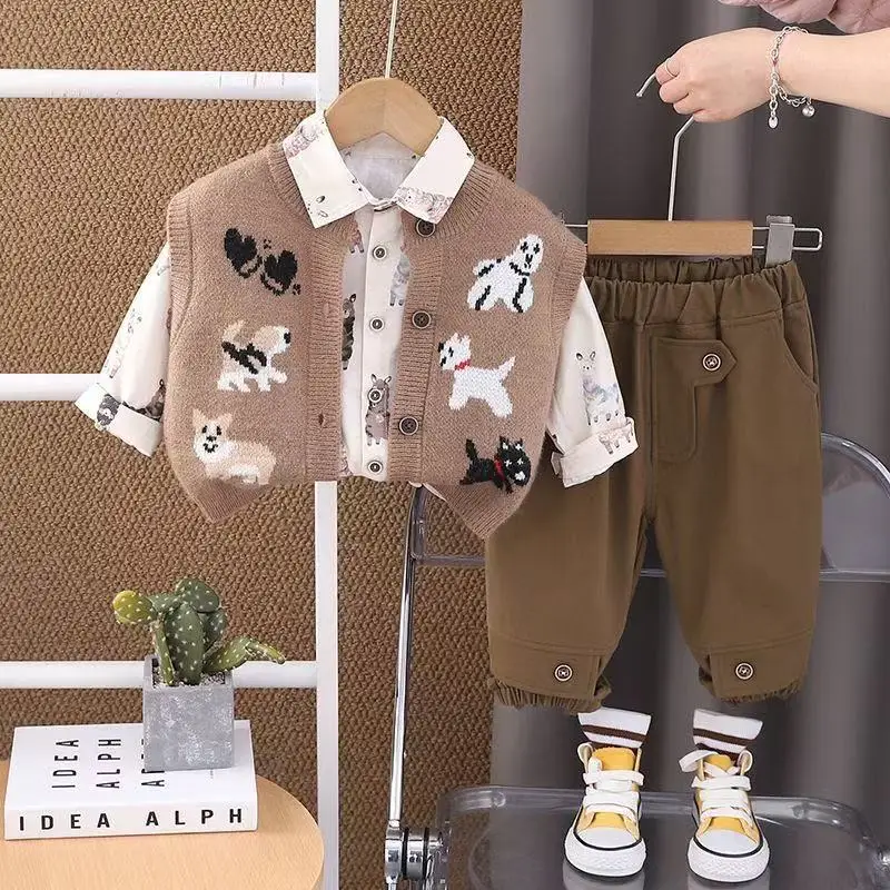 طفل الفتيان الملابس مجموعة الربيع والخريف جديد الأطفال سترة طويلة الأكمام قميص سترة القطن الخالص سراويل تقليدية 3 قطعة مجموعة