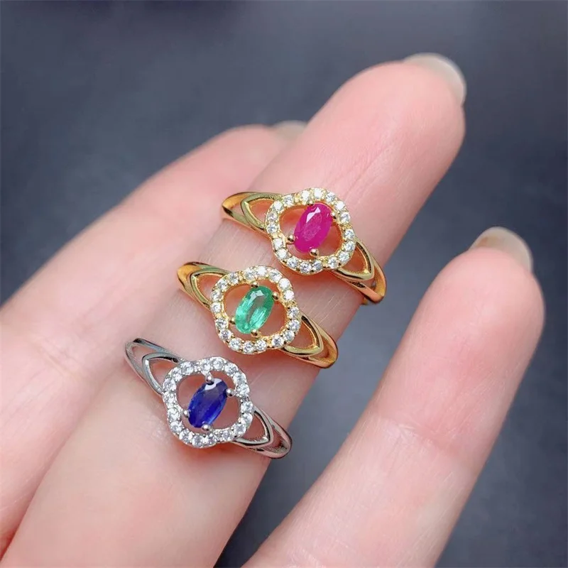 

Genuine Authentic 925 Silver Natural Ring Ruby Emerald Sapphire Ring for Women with Certificate