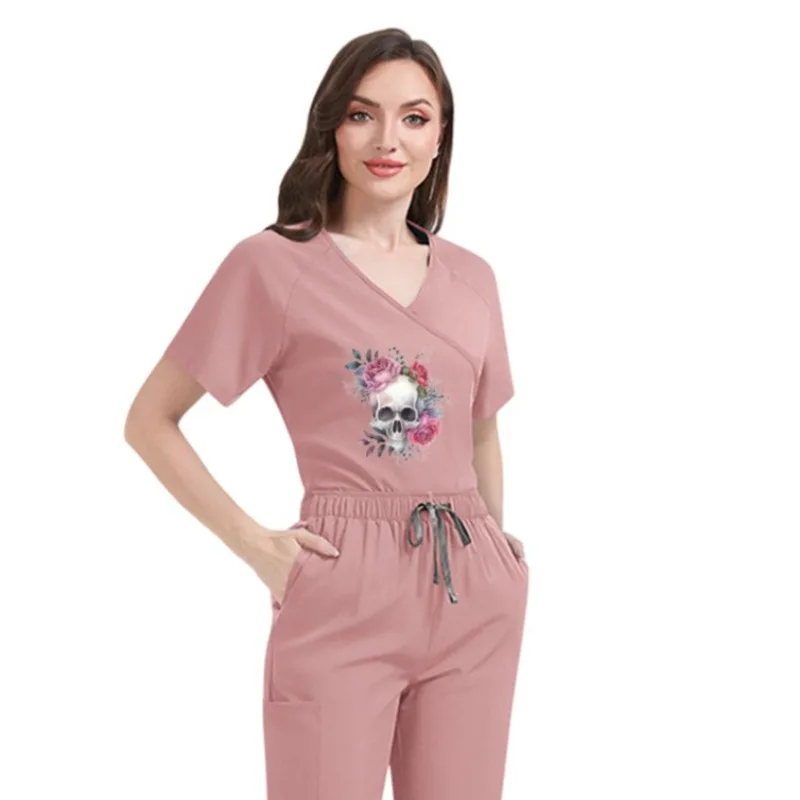 

Женские тонкие быстросохнущие скрабы с принтом на заказ, брюки с короткими рукавами и завязками на спине, салон красоты, центр беременных, спецодежда для медсестры