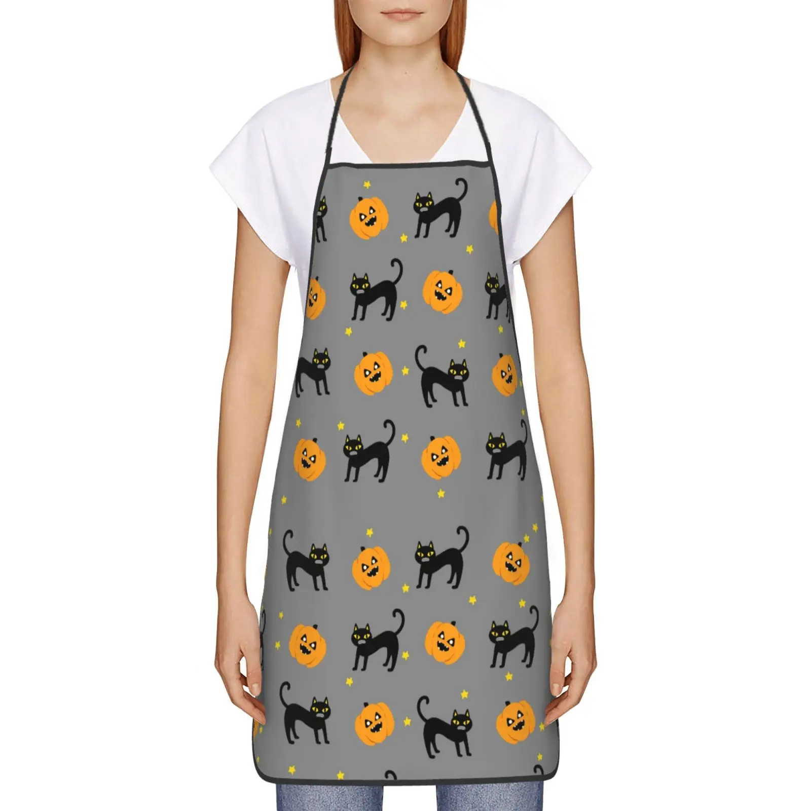 Anyone Can Cook Pumpkin & Cat Pattern Apron for Men Women Halloween Adult Kitchen Chef Bib Tablier Cuisine Cooking Baking