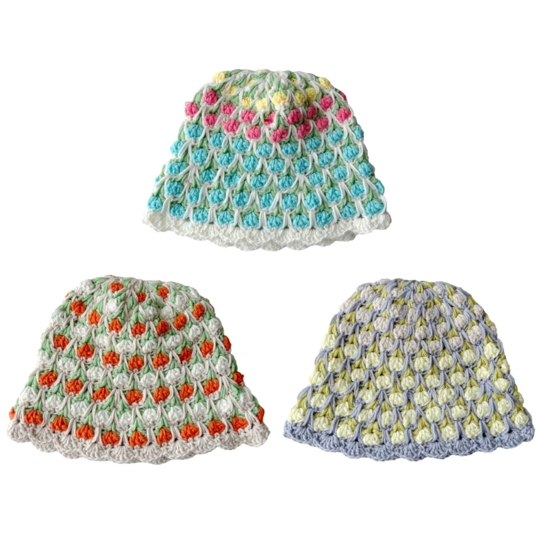 

Summer Tulips Pattern Crochet Bucket Hat Ladies Spring Commute Camping Fisherman with Tulips Pattern for Girlfriend