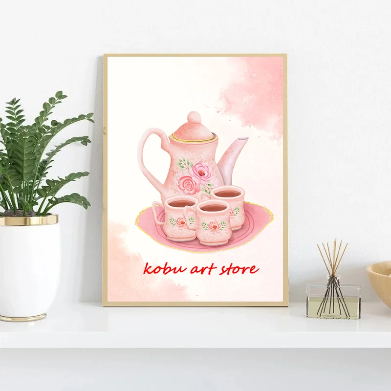 Tea Set Teapot Teacups Saucer Watercolor Posters and Prints Canvas Painting Wall Art Picture for Kitchen Room Home Decor Cuadros