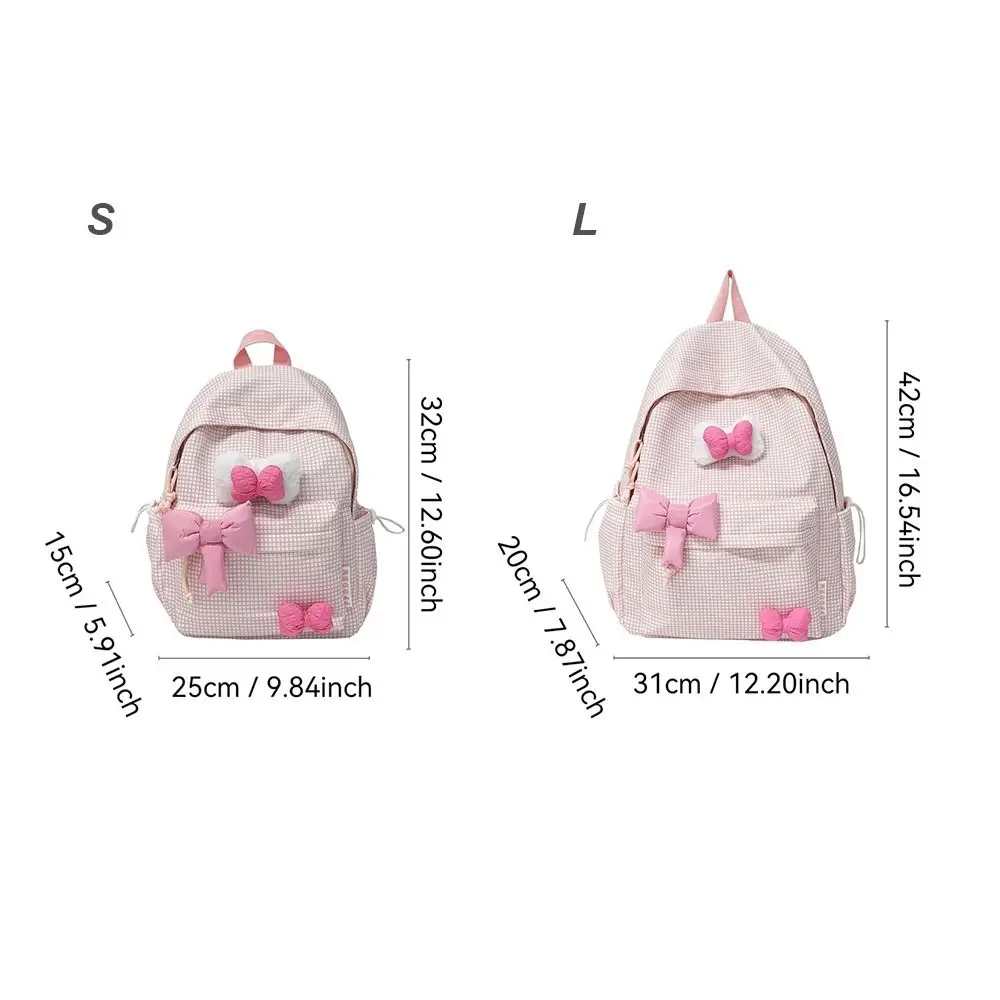 Mochila Kawaii portátil con patrón de rejilla y lazo, bolso escolar de nailon para estudiantes