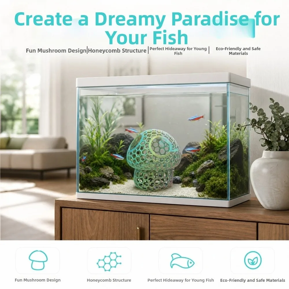 3D Printed Fish Shrimp Hideout Shelter Hollow Out Simulation Mushroom Aquarium Cave Shelter Natural Look Plastic Betta House
