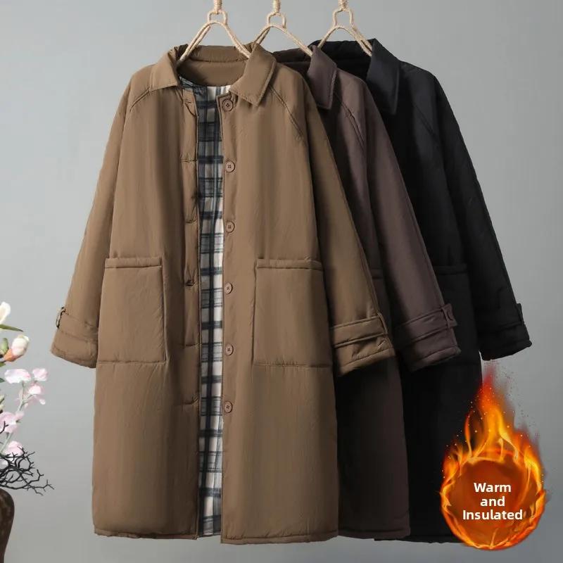 

Утепленная хлопковая куртка-ветровка средней длины, женская верхняя одежда свободного кроя, зимнее пальто для полных женщин, художественный стиль