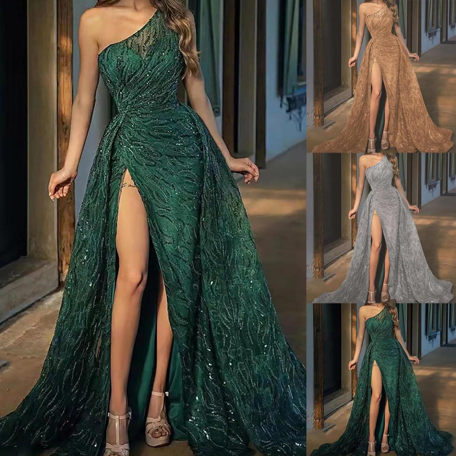 Robe de Soirée à Manches sulfet Paillettes pour Femme, Tenue Élégante Maxi avec Col, Nouvelle Collection 2024