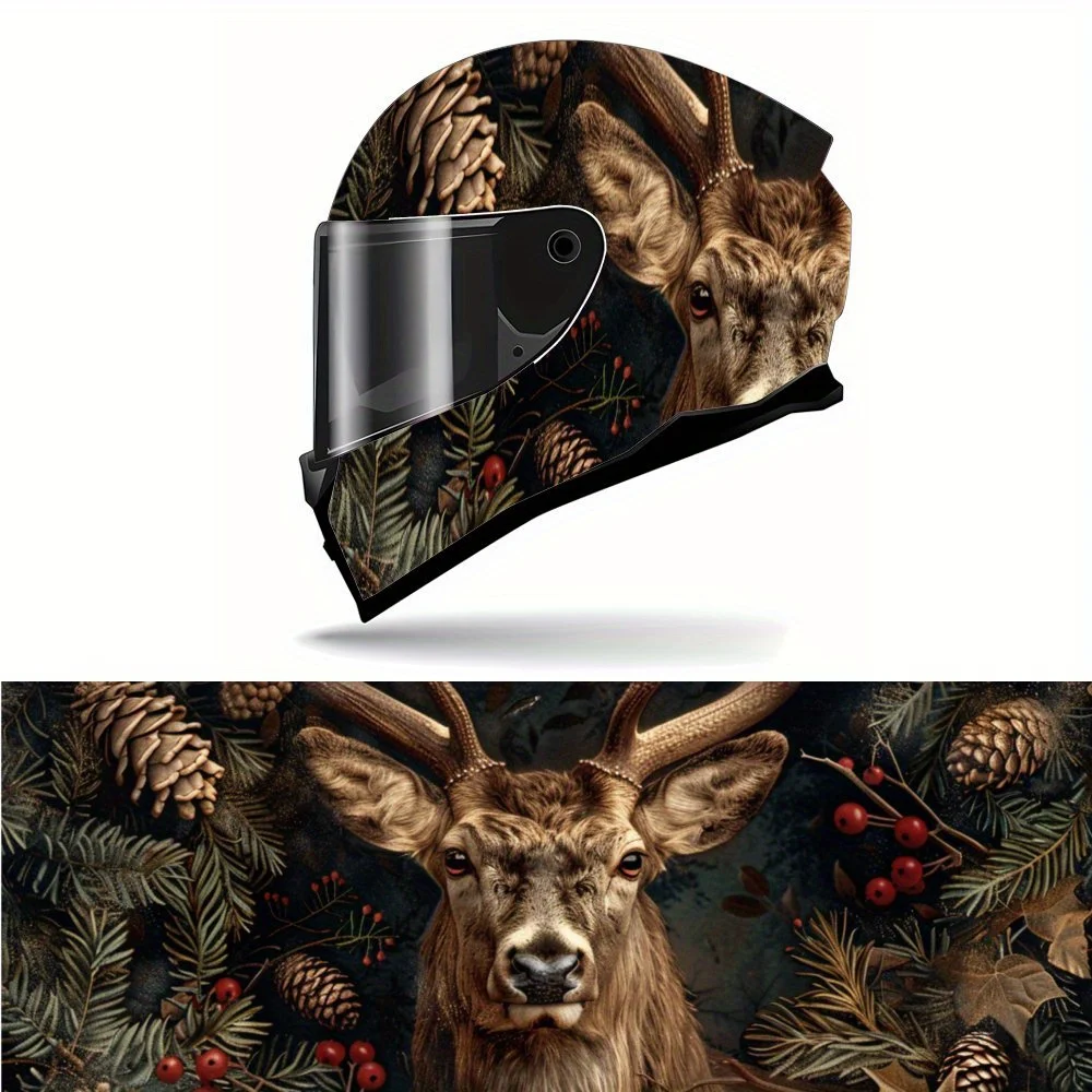 

Majestic Deer, Pine and Berry Motifs PVC Motorcycle Helmet Vinyl Wrap, Self-Adhesive Waterproof Sticker, Anti-Scratch Decorative