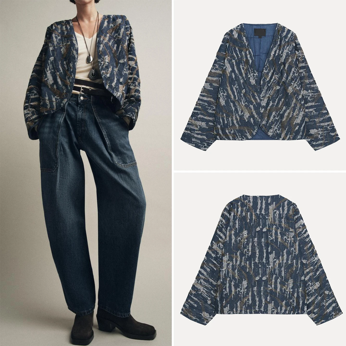 Faionable Beaded Denim Effect Cotton Kimono Sle Jaet Women's ort Outerwear Stand Fit European Sle Long Sve
