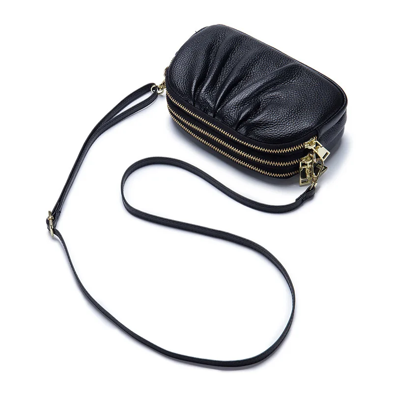 3 Zipper Bags, Elegant Soft, Women's Genuine Leather Shoulder Bag, Real Skin Female Messenger Cross-body Bag, A538