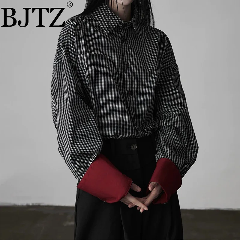 

BJTZ, черная полосатая рубашка с большими рукавами и цветными блоками, топ для женщин, весна-осень 2021, новая модная универсальная блузка