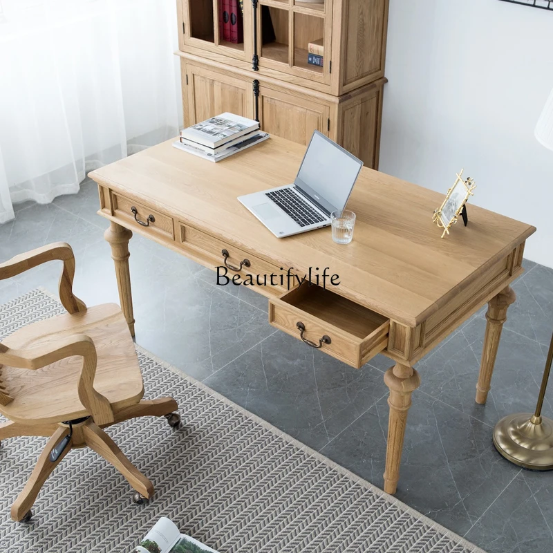 Oak Three-Drawer Office Table European-Style Log Computer Desk Simple Writing Desk Reading