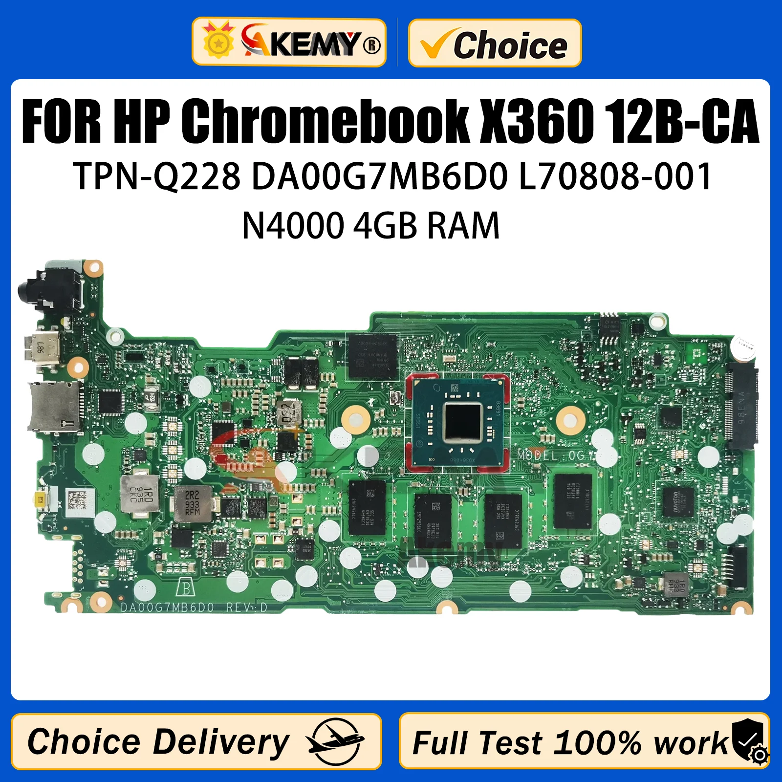 

Akemy For HP Chromebook X360 12B-CA Laptop Motherboard TPN-Q228 DA00G7MB6D0 L70808-001 N4000 4GB 32GEMMC Perfect Test