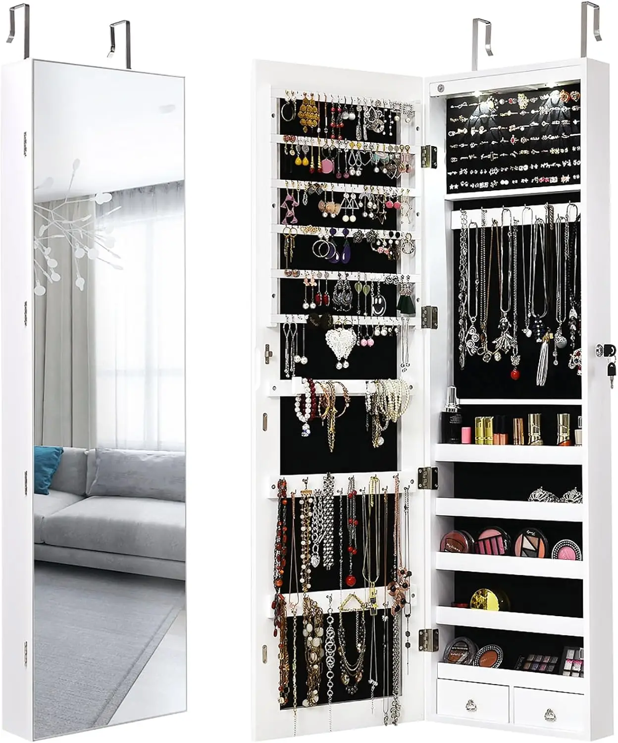 

Wall Door Jewelry Armoire Cabinet With Full-Length Mirror, 2 Leds Lockable Large Storage Jewelry Organizer With 47.5'' Mirror,