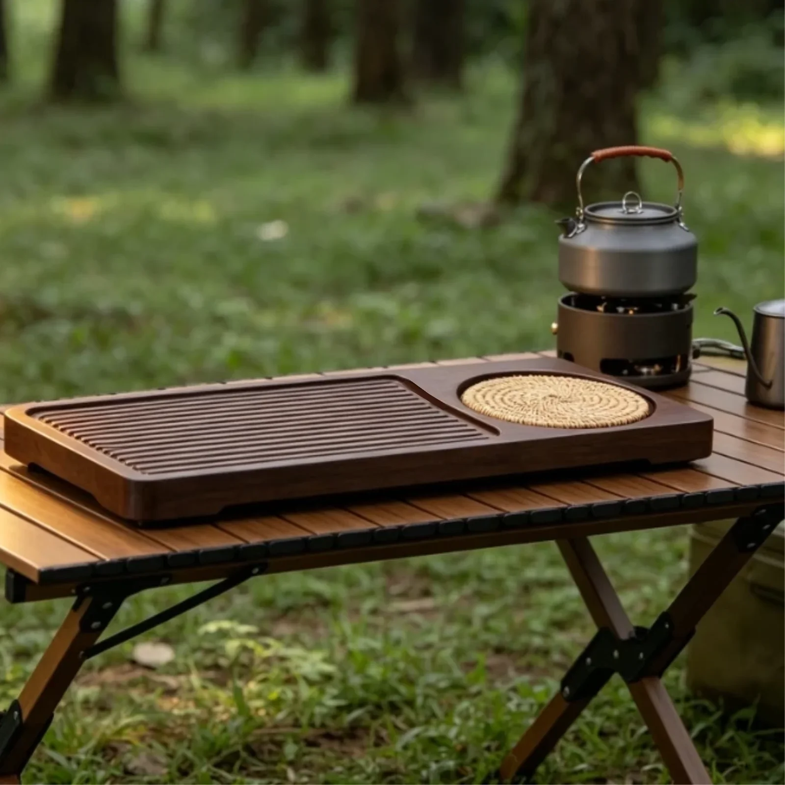 Dry Brew Bamboo Tea Tray with Rattan Mat Rectangle Portable Tea Serving Plate Household & Hotel Tea Accessory for Kung Fu