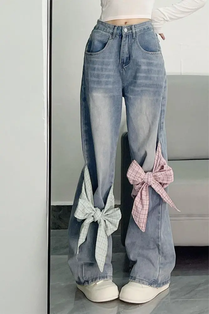 

​​2025 Sweet Bow Panel Jeans Women Contemporary Column Straight Denim Commuter Floor Length Trousers​​