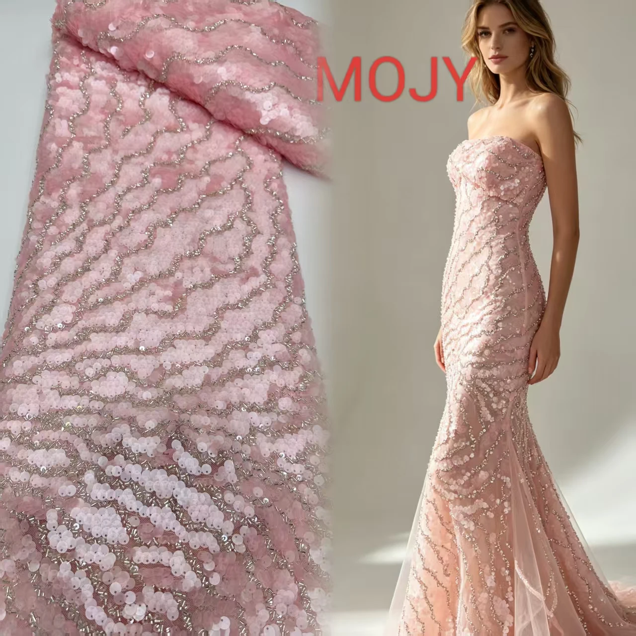 Pink Silver Sequin Beaded Tulle Mesh Fabric, Wavy Pattern Net Cloth for Wedding Dress Evening Gown Party