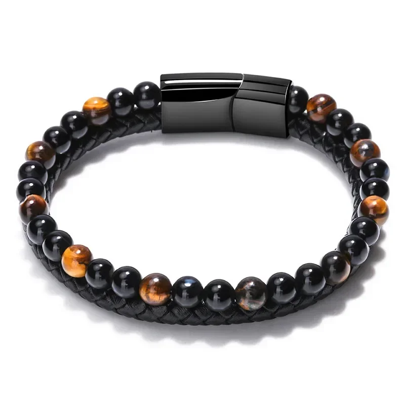European and American Men\'s Bracelets Volcanic Tiger Eye Beaded Natural Stone Bracelets Handwoven Leather Bangles Jewelry