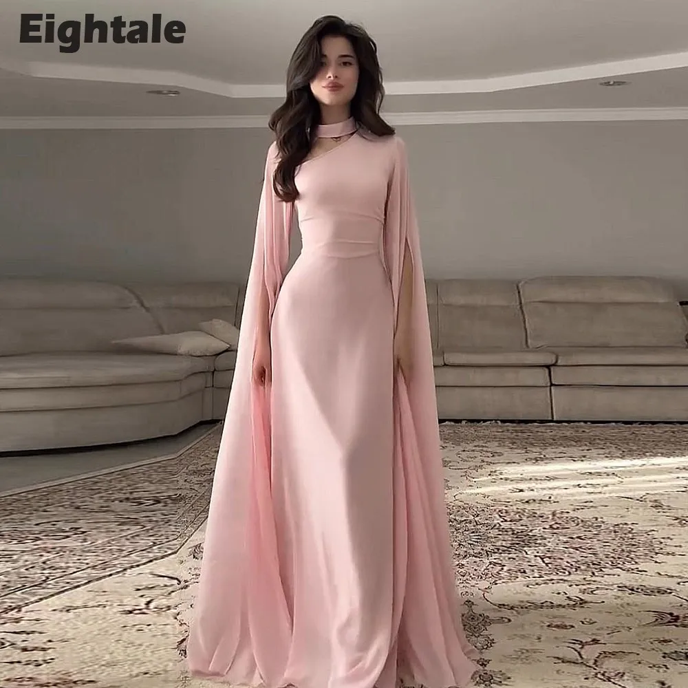 

Eightale Arabic Evening Dress Pink Chiffon Mermaid High Neck Pleats Long Sleeves Customized Prom Wedding Gown Party Dress