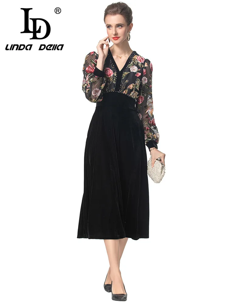 LD LINDA DELLA Women\'s Fashion Commuter Dress Long Sleeved High waist Beading Slim V-neck Floral-Print S-4XL Dresses