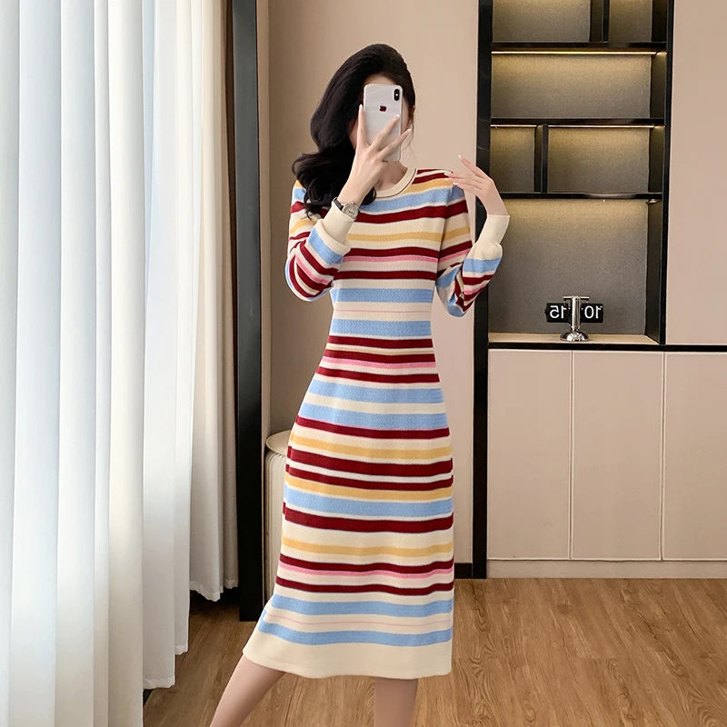 

Women Clothing Fashion Striped Elegant Dresses Autumn Winter Vintage Commute Comfortable Elasticity Wool Knitted Dress