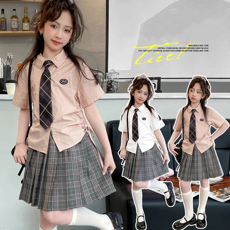 Japanese Korean Girls School Uniform Set Shirt +Pleated Skirt JK Cute Student Casual Plaid Skirt Uniform Children\'s Costume Suit