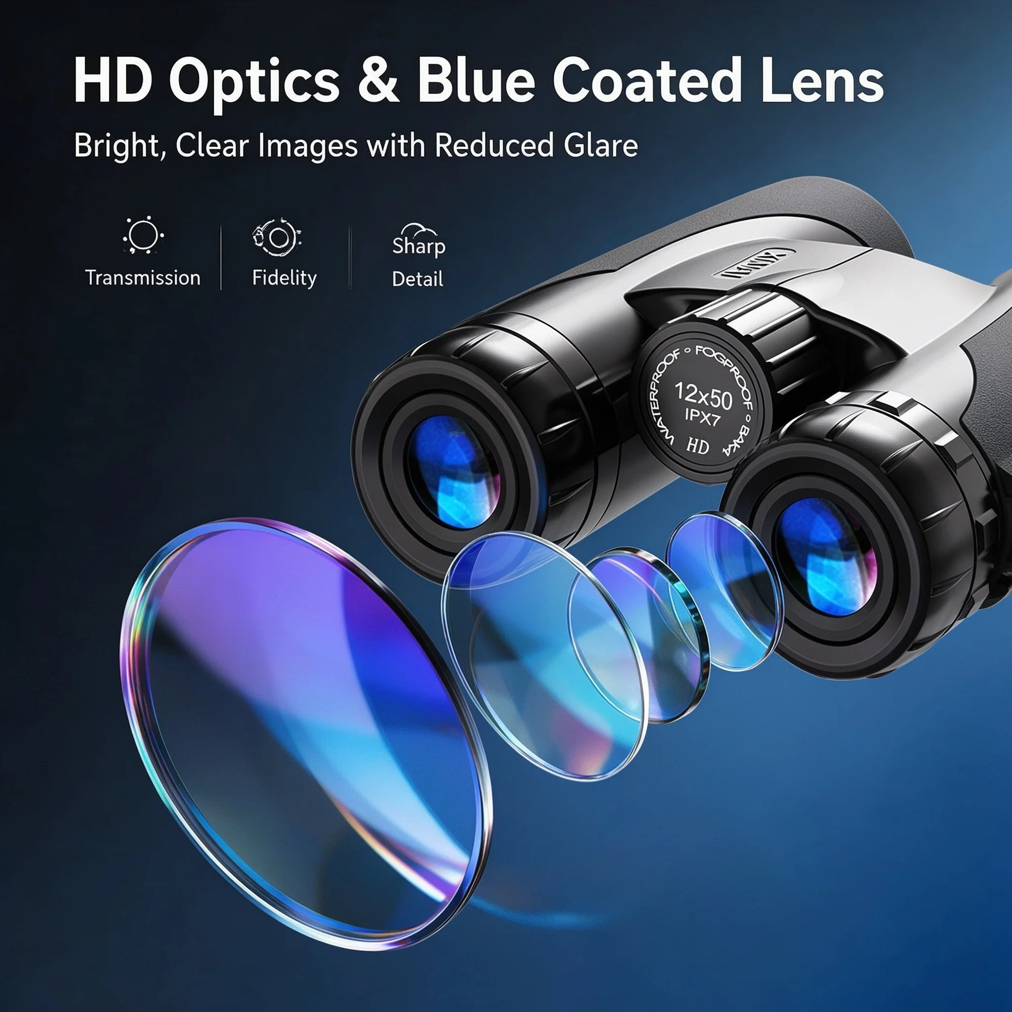 12x50 HD Binoculars, IPX7 Waterproof Fogproof Telescope with Phone Adapter, High Power for Bird Watching Hunting Outdoor Travel