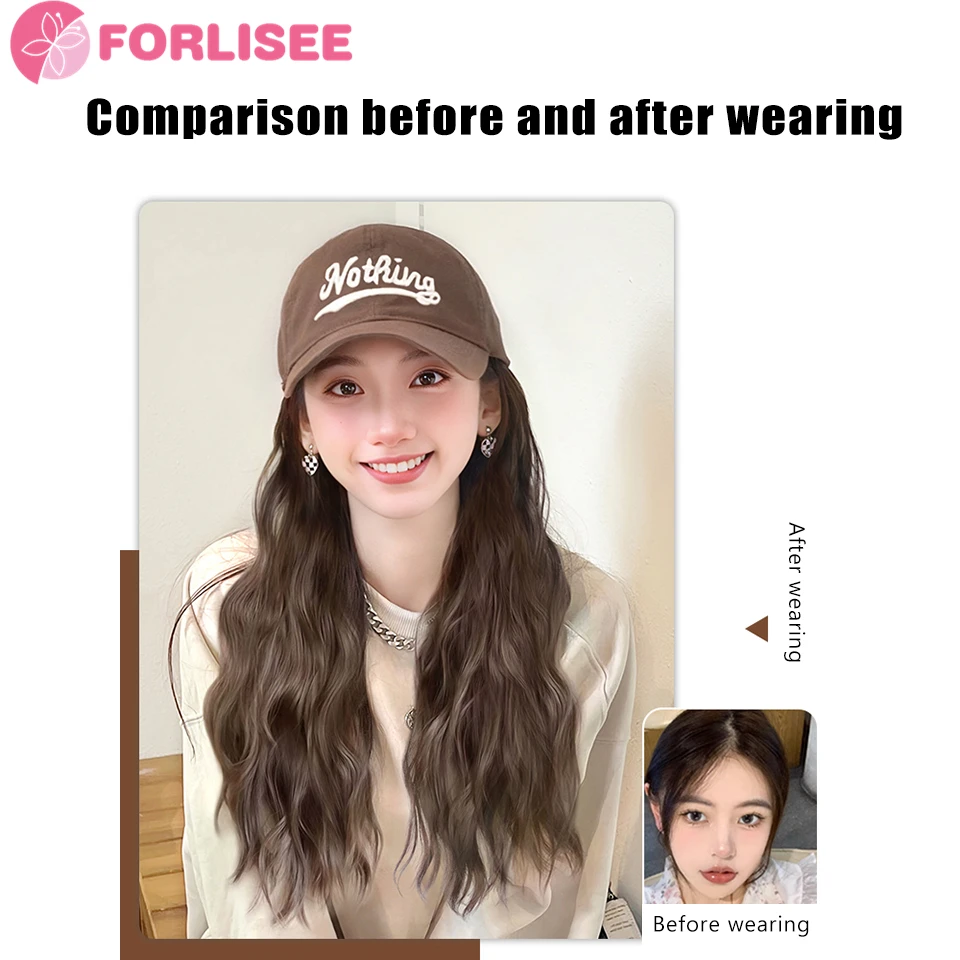 Synthetic Hat Wig Women's Long Hair Fashion Sweet Cool Water Ripple Baseball Hat Natural Simulation Hair Full Head Cover