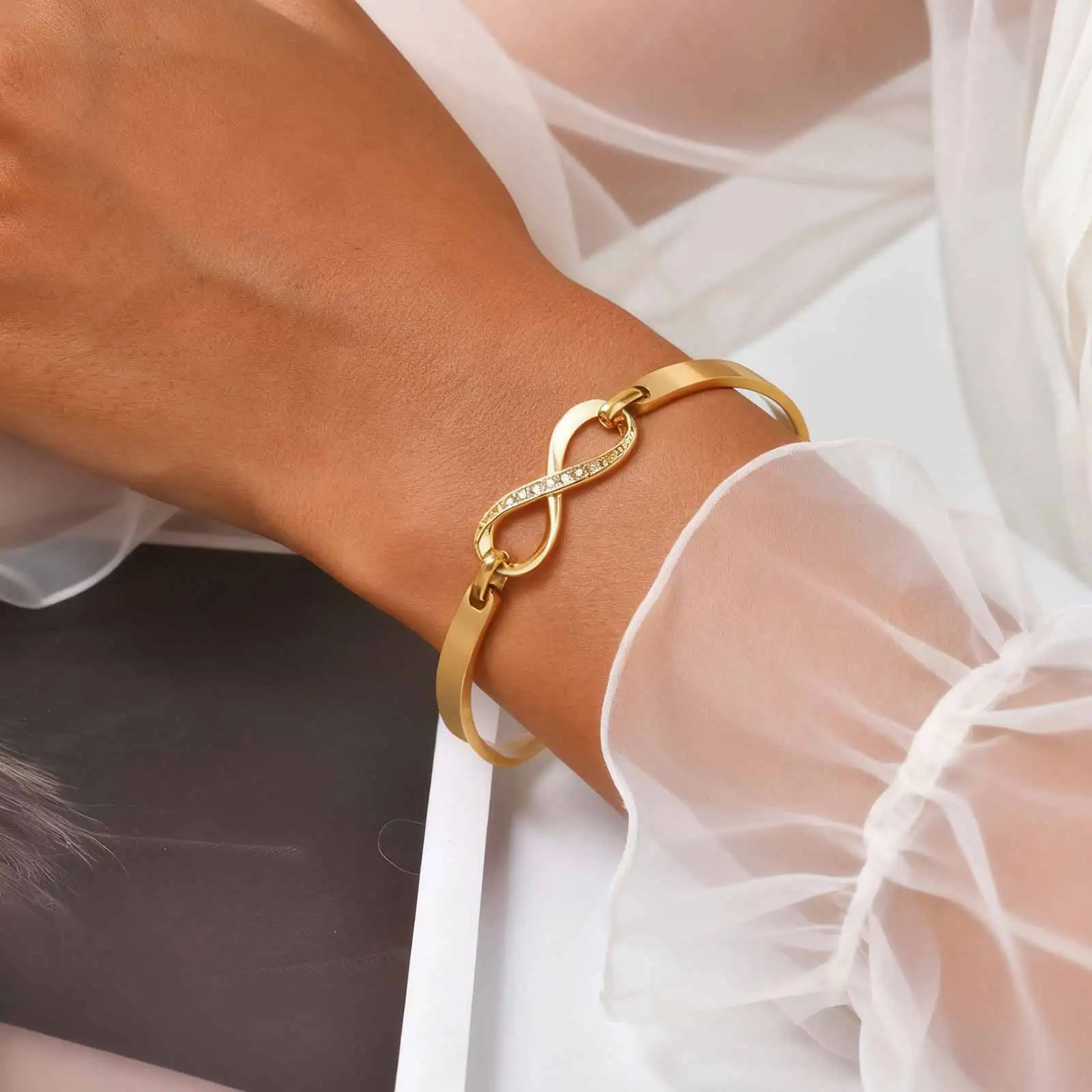 

Infinity Cubic Zirconia Bracelet Stainless Steel Bangle, Women Anniversary Gift Wedding Love Jewelry for Her