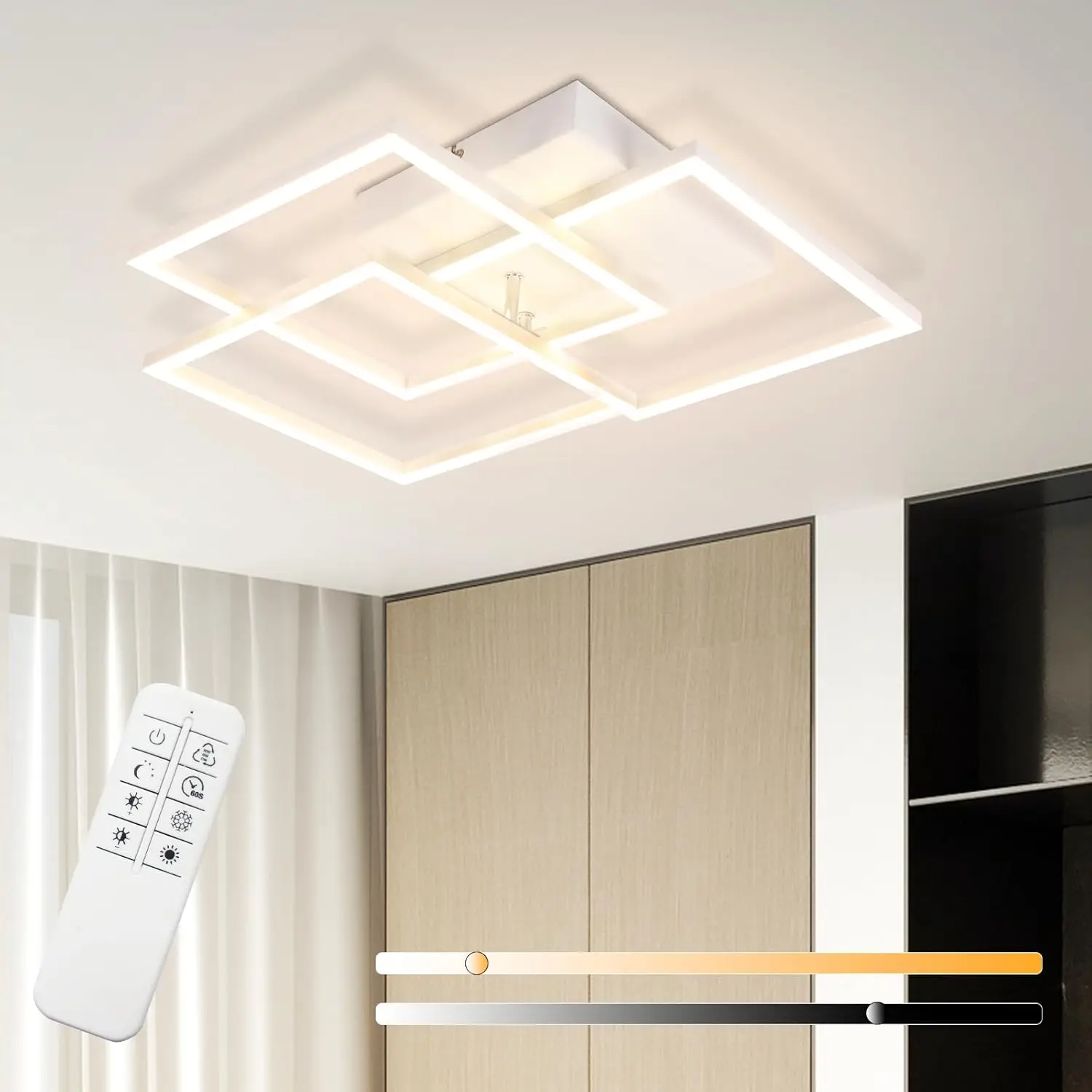 Cliheet 36W weiße, geometrische, dimmbare LED-Deckenleuchte mit 3 Quadraten und Fernbedienung, 3000K-6500K, für Wohnzimmer, Schlafzimmer, Küche, Kinderzimmer