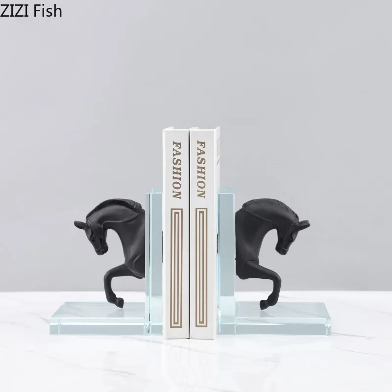 Resin Horsehead Crystal Bookshelf Book Stand 2-piece Set Ornament Bookend Book Storage Rack Home Organizing Rack Home Shelf