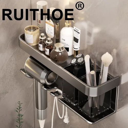 Soporte para secador de pelo, soporte para alisador de pared, caja organizadora para secador de pelo, soporte para soplador de inodoro, estante, accesorios de baño