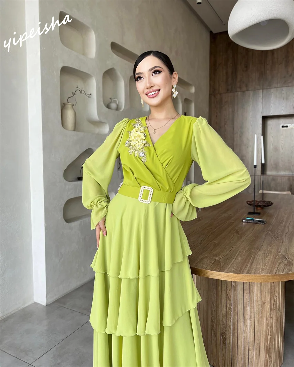 Yipeisha gaun Prom elegan V-neck panjang bentuk A gaun pesta panjang lantai gaun kustom sifon berlian buatan bunga