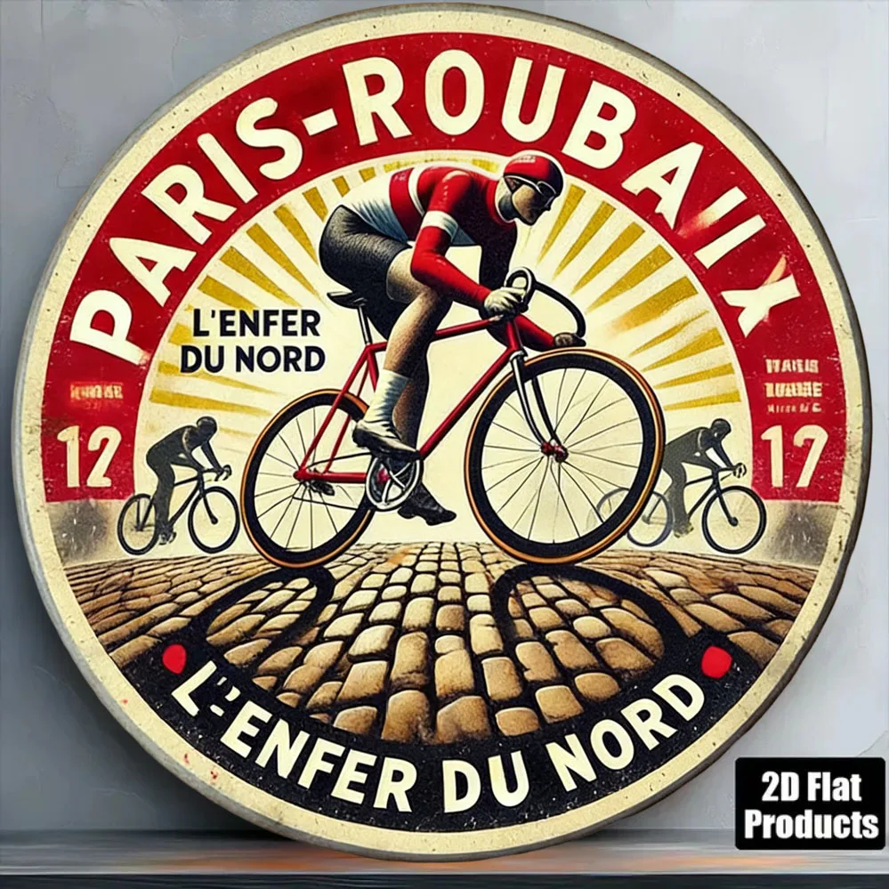 Placa de Metal Redonda Vintage Paris-Roubaix L'Enfer Du Nord, Arte de Parede Retrô com Efeito Envelhecido, Tema Ciclismo e Estrada de Calçada, Estilo Rústico