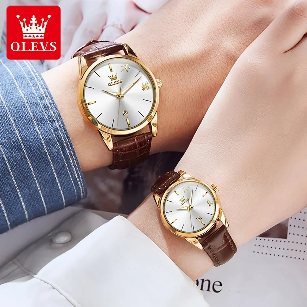 Parejas OLEVS Couple Watches Simple Chinese Display Men Women Quartz Wristwatch Waterproof Luminous Fashion Leather Strap Watch