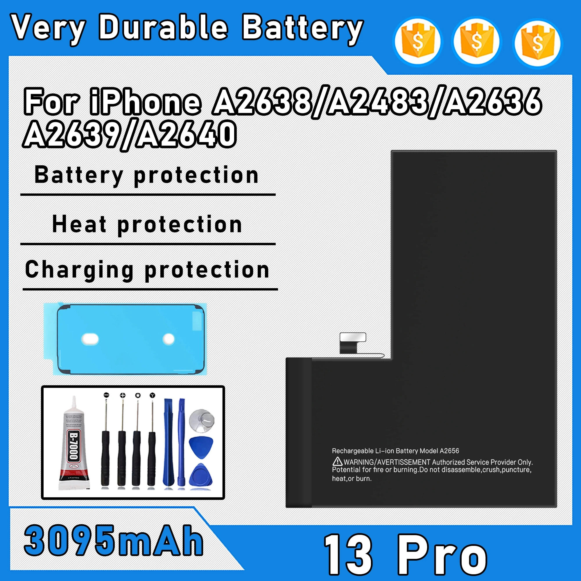 

100% 0 Cycle High Capacity Battery For iPhone 13 Pro/A2638/A2483/A2636 Phone Bateria+Free Tool Kit