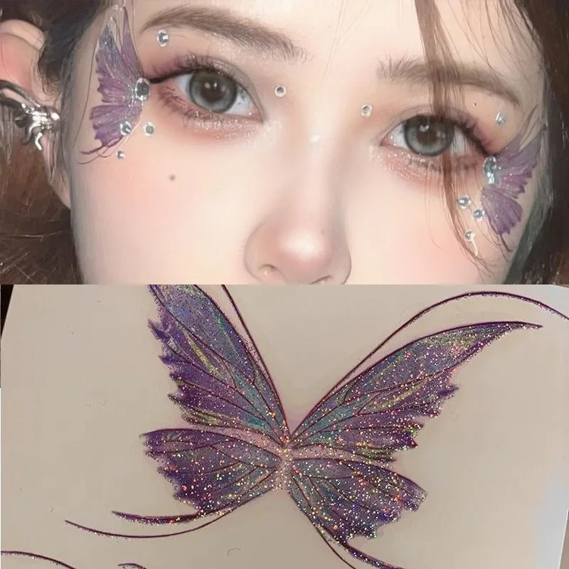 1-8sheet 3D Fairy Butterfly Eyes Face Fake Tattoos Purple Pink Waterproof Flash Glitter Decals Shiny Wings Sticker Body Arts