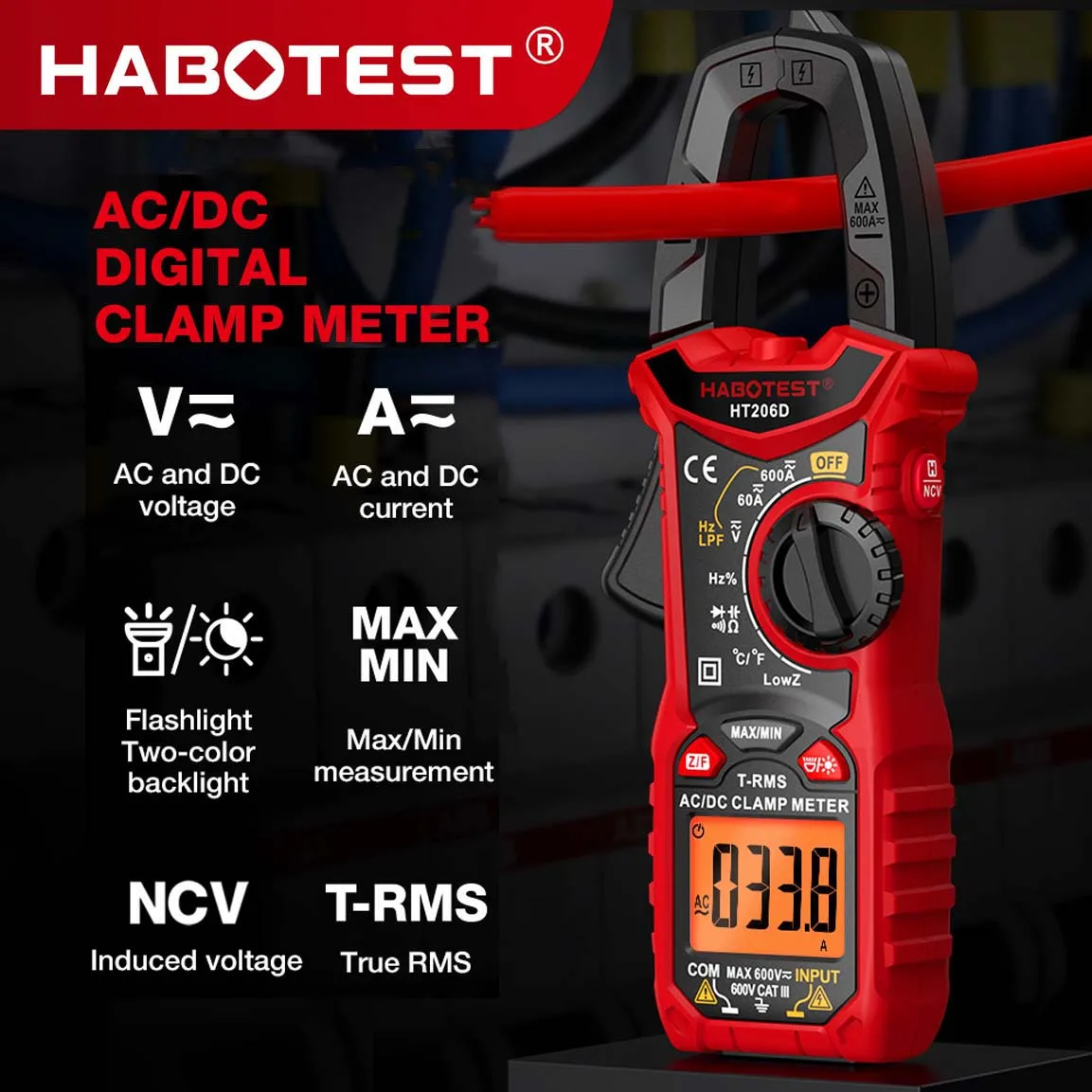 HT206D AC DC Digital Clamp Meter Multimeter Pinza Amperimetrica True RMS High Precision Capacitance NCV Ohm Hz Tester