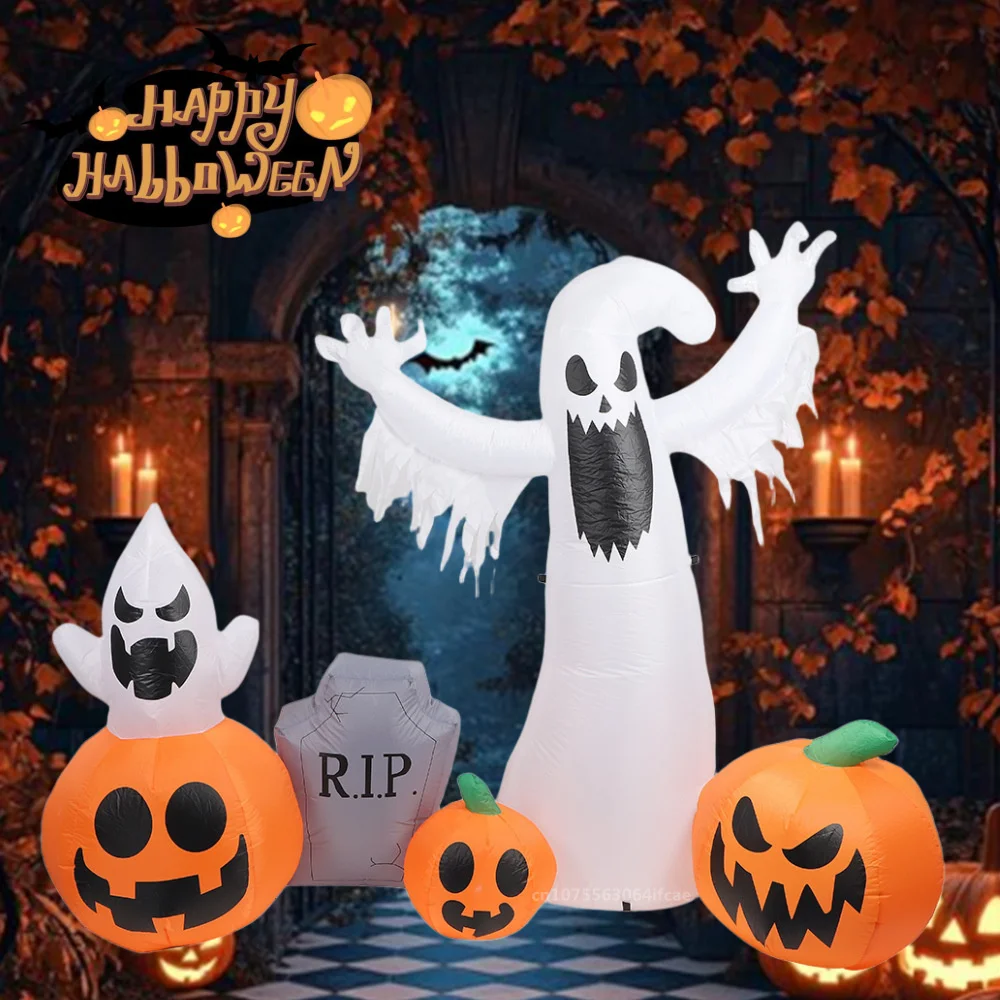 2.3M Halloween Inflatable Pumpkin White Ghost Tombstone Built-in LED Lights Halloween Party Indoor Outdoor Inflatable Ornament