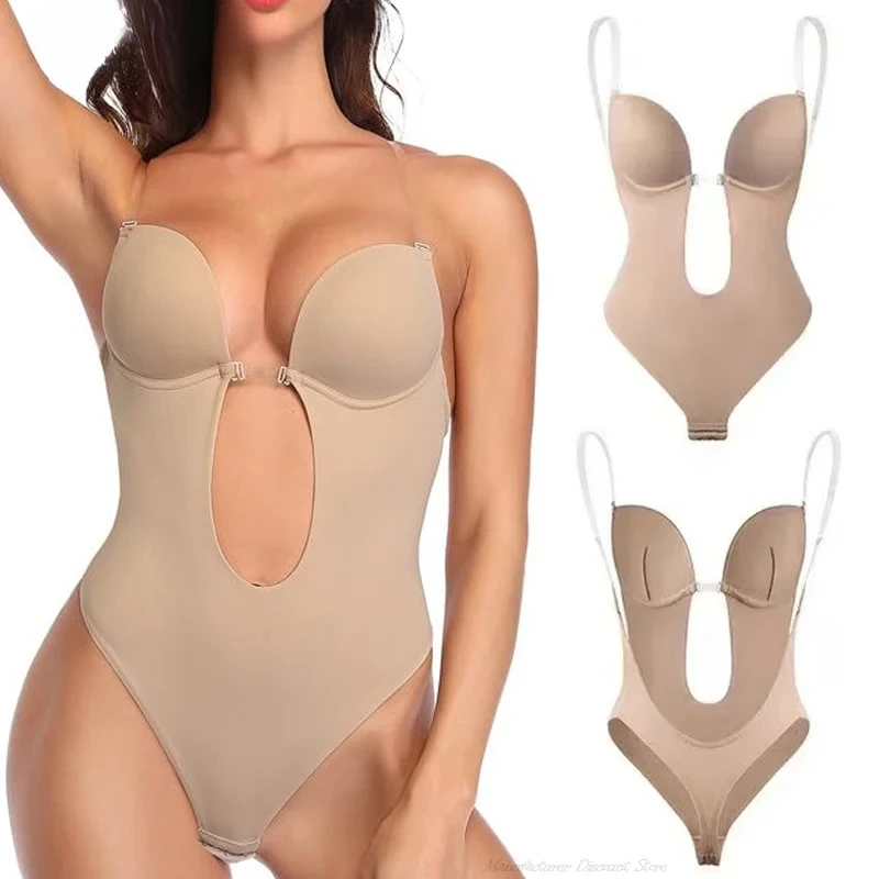 

Original 2-Layer Backless Body Shaper Bra Women's U Plunge Seamless Low Back Thong Shapewear Deep V Full Body Bodysuit Underwear