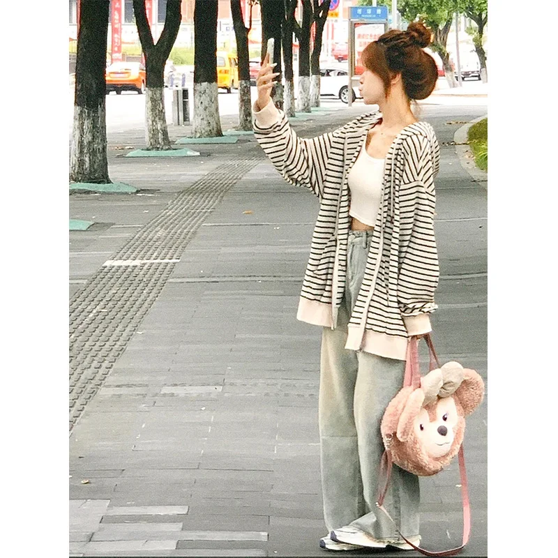 Amerykański sweter z kapturem w paski, luźny, damski, lekki, długi, oversize, kardigan na wiosnę i jesień, modny, do pracy, styl koreański...