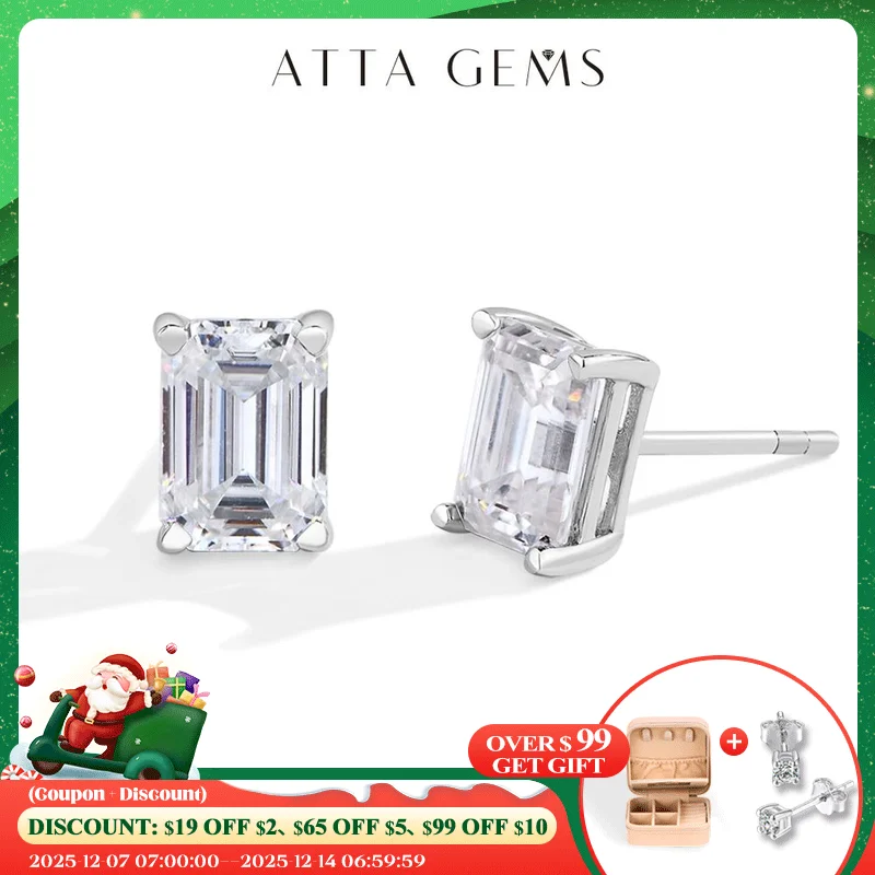 

ATTAGEMS 1.0CT Emerald Cut Moissanite Stud Earrings D Color for Women Men S925 Sterling Silver Sparkling Engagement Jewelry Gift
