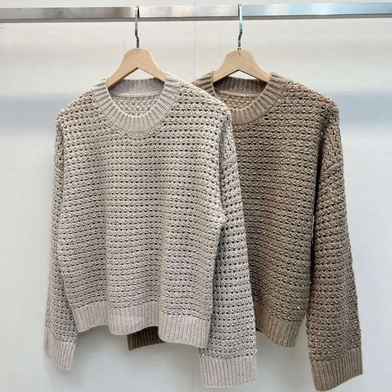 New Fall/Winter Women's Old Money Style Sparkling Sequin Cutout Cashmere Knit Sweater