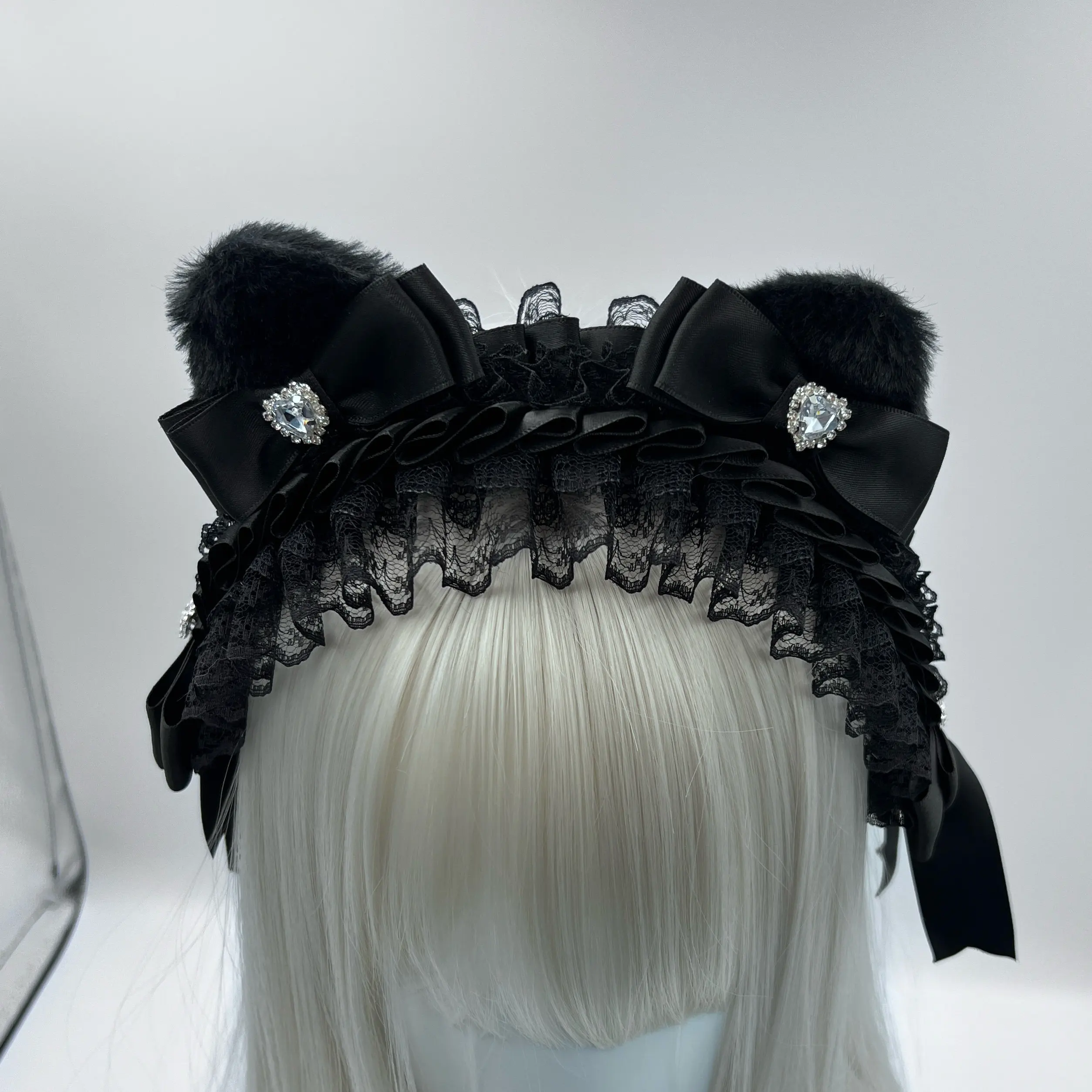 

Goth Punk Bow Headband Abi Cos Lace Hair Accessories Lolita Headwear Cat Ear Love Rhinestone Headband