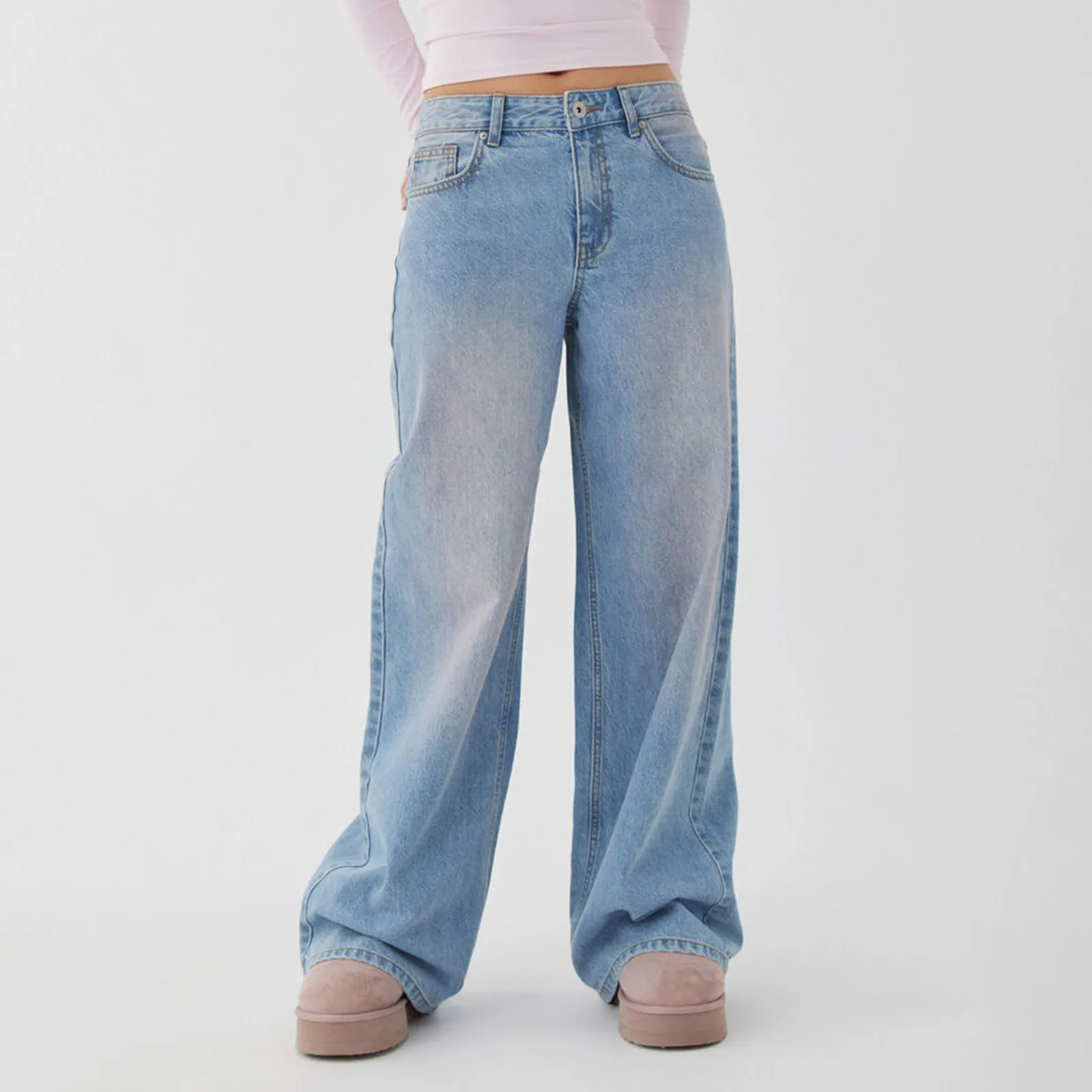 Girls High Waist Wide Leg Jeans Lady High Street Denim Straight Leg Pants Female Retro Blue Light Blue Black Gray Pink Trousers