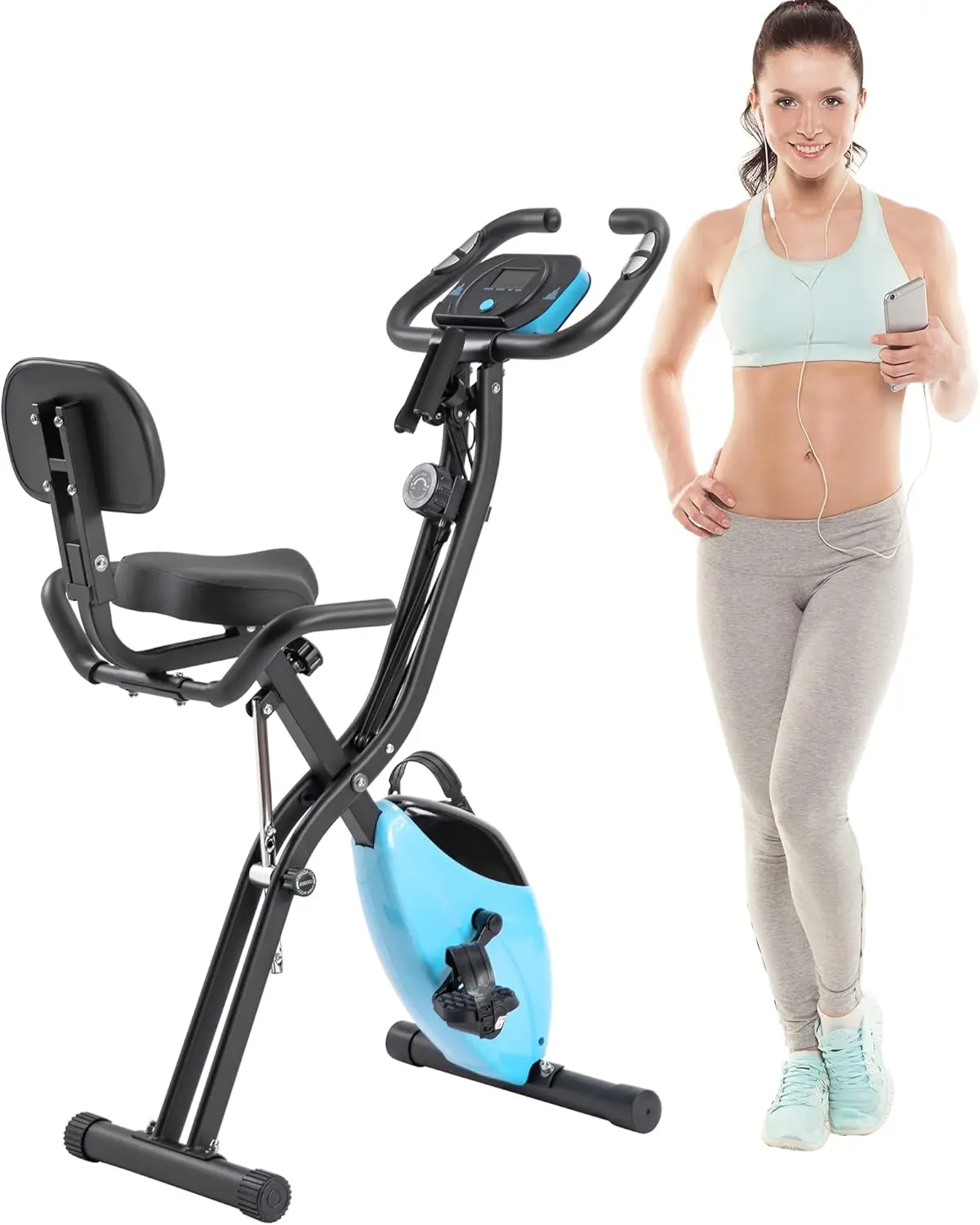 

Folding Exercise Bike - Versatile Fitness Upright and Recumbent Stationary Bike with 10-Level Adjustable Resistance, Arm Bands,