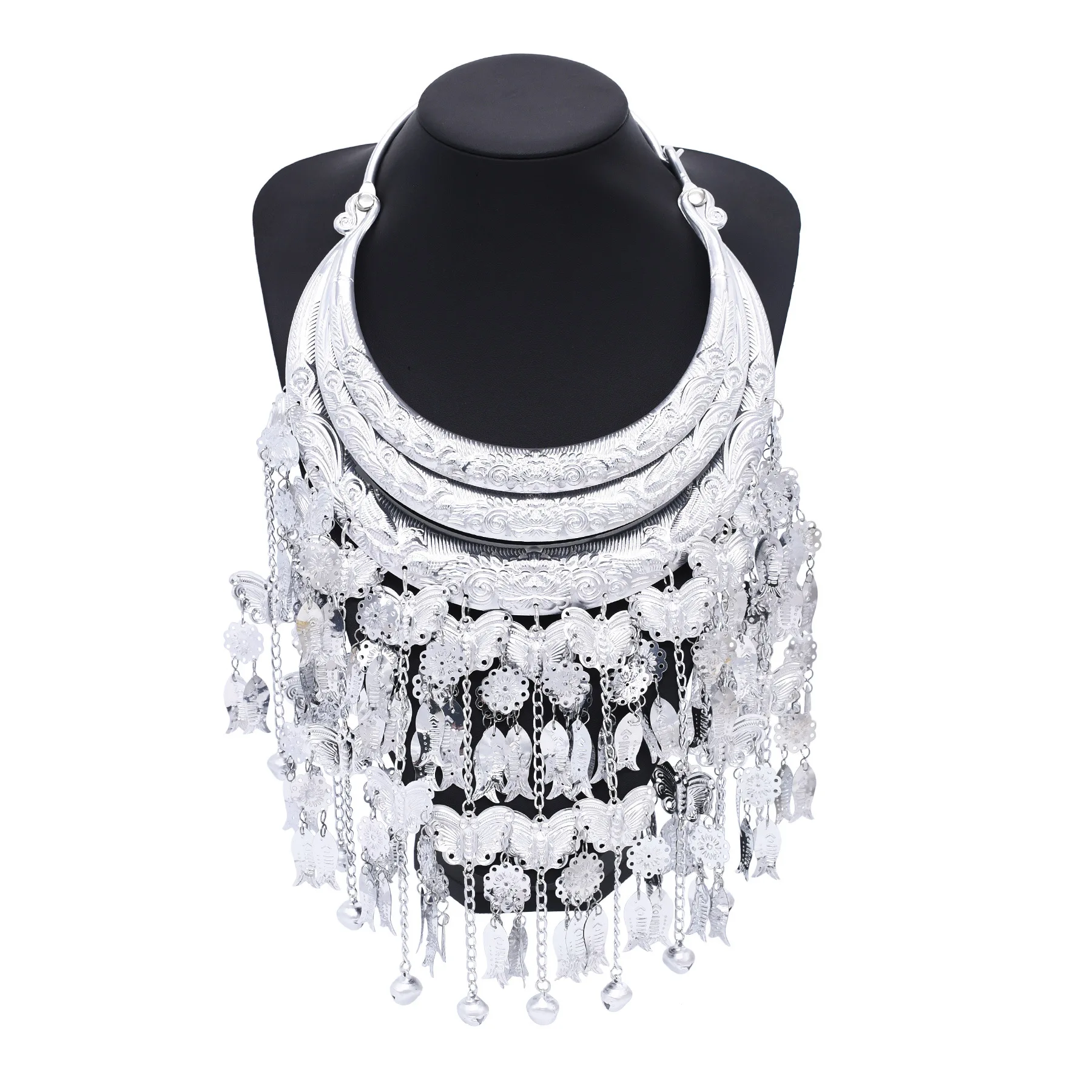 Miao Ethnic Multi-Layered Imitation Silver Plated Bamboo Chain Jewelry Butterfly Small Fish Tassels Large Statement Women Choker