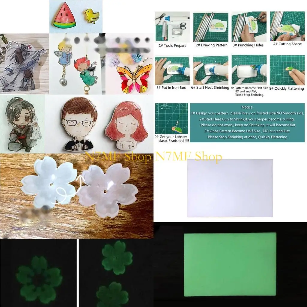 

N7MF 12Pcs Handmade Luminous Blank Heat Shrink Paper Film Sheets Glow Shrinks Art Design Drawing Art Crafts